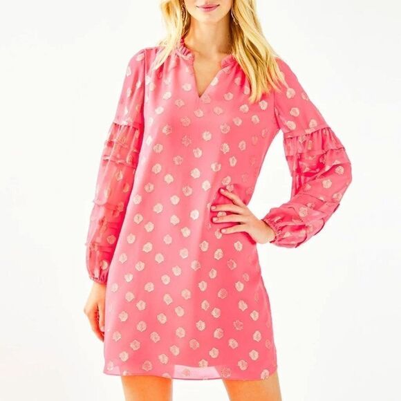 Lilly Pulitzer Dresses & Skirts - Lilly Pulitzer Giana Silk Dress In Coral Spritz Seagrass Metallic Clip Chiffon 0